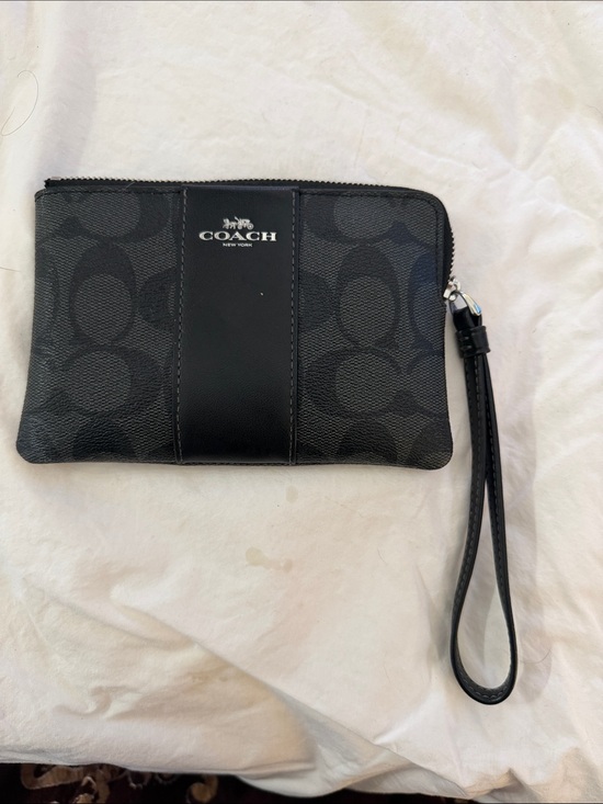 Coach Handbags - Coach Signature Wristlet Black Canvas Leather Trim Zip Pouch Clutch